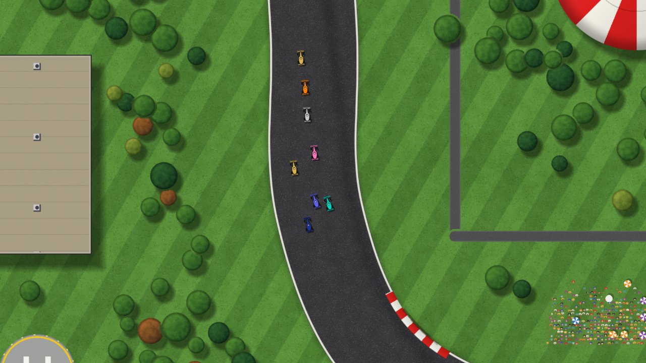 Simple Racer gameplay: open-wheel race cars on a top-down circuit with trees and kerbs